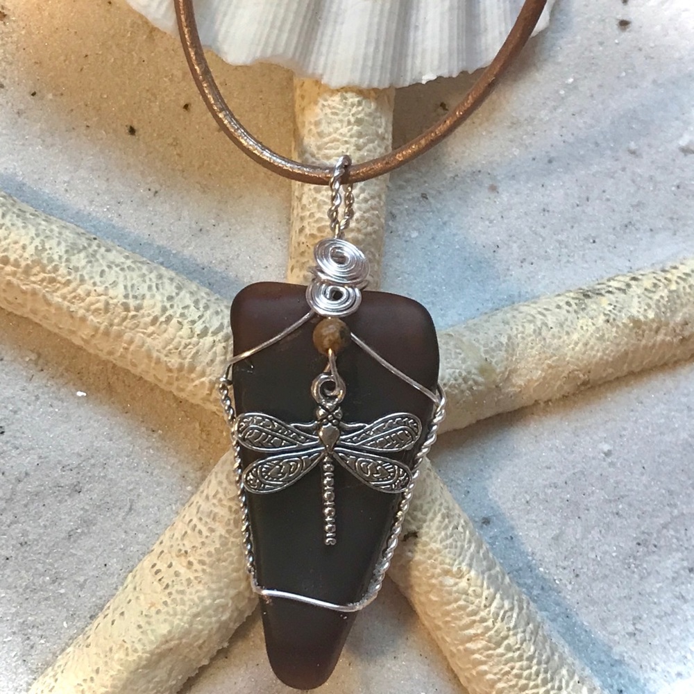 Dragonfly wire wrapped sea glass necklace